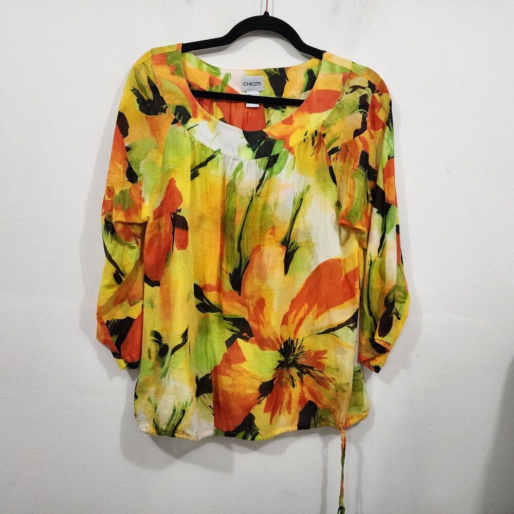 Chico's Cotton Silk Floral Blouse 3/4 Sleeve Round Neck Top Sheer Womens 2/12/L